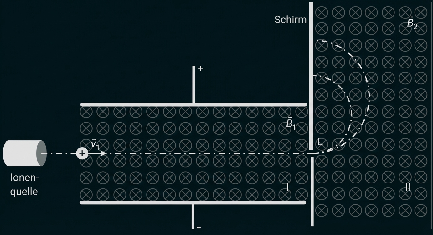 Schematische Darstellung: Ionenquelle, beschleunigende Elektroden, magnetische Felder B1/B2 und abgelenkte Ionenbahnen zu einem Schirm.